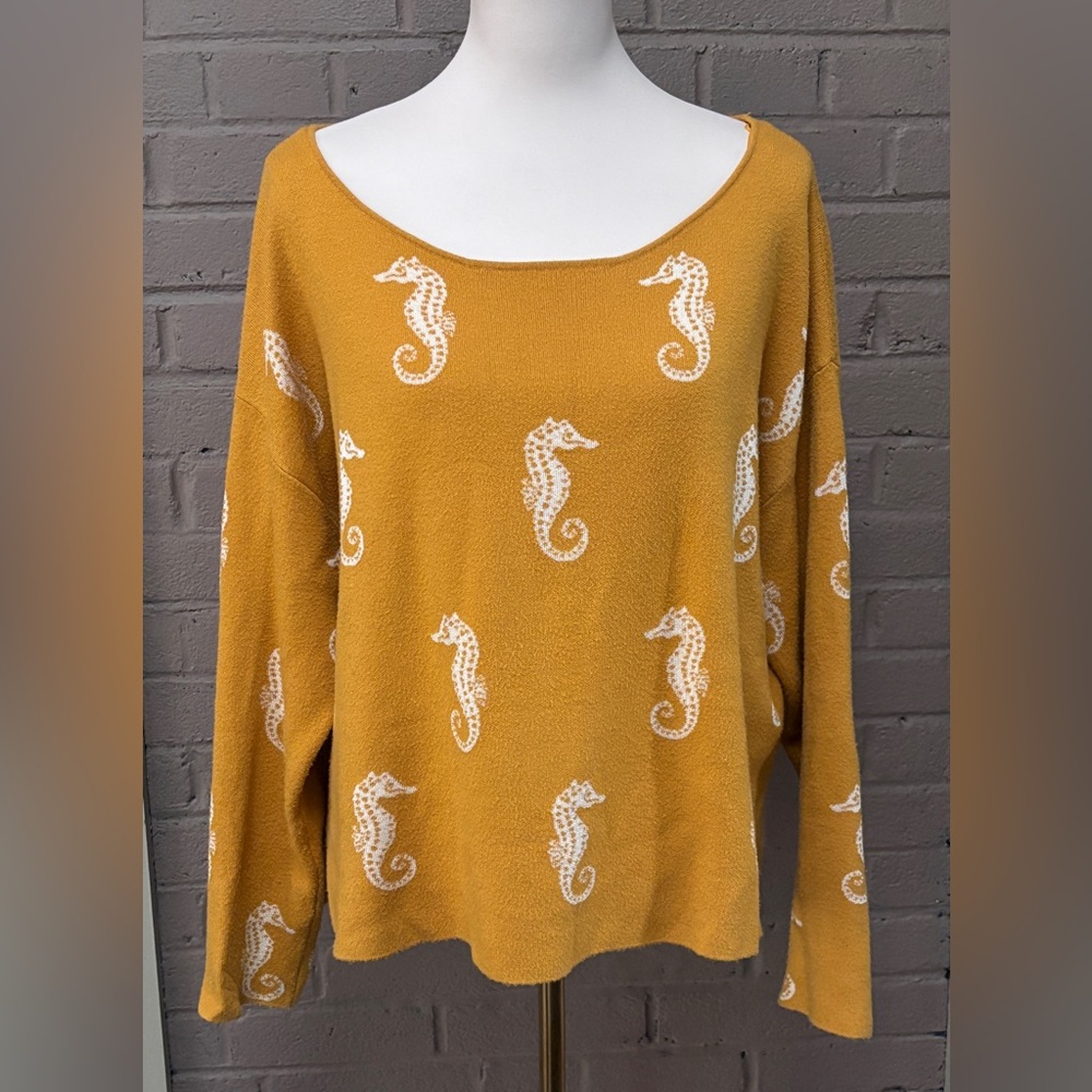 Anthropologie Maeve Seahorse Mustard Knit top / sweater XL